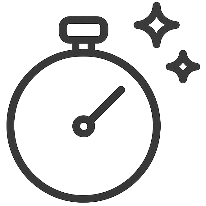 Minimalist line icon for a modern skincare website: a stylized stopwatch/timer symbolizing instant effect, with 1–2 small sparkles at the top-right. Monochrome outlines only; 24×24 grid; stroke-width ≈ 1.8; stroke-linecap=round; stroke-linejoin=round; no fills; centered with generous whitespace; use currentColor so it inherits the UI color. Clean, optimized