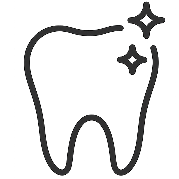 Minimalist line icon (vector/SVG) for a modern dental/care website: a clean, rounded tooth outline drawn with a single continuous thin stroke; add exactly two small sparkles near the upper-right to emphasize cleanliness. Monochrome outlines only; 24×24 grid; stroke-width ≈ 1.8; stroke-linecap=round; stroke-linejoin=round; no fills; centered with generous whitespace; simplified tooth silhouette for legibility at small sizes; use currentColor; output as clean, optimized SVG